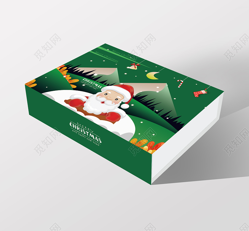 绿色高档插画背景圣诞包装手提盒包装盒圣诞老人圣诞节包装
