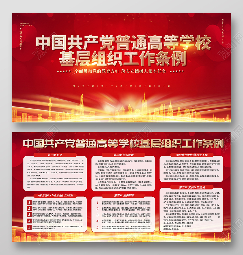 红色简约时尚大气学校基层组织展板高等学校基层组织工作条例