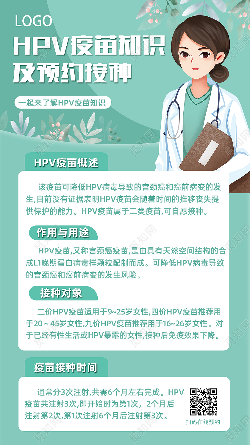 绿色简约卡通手绘疫苗接种手机海报