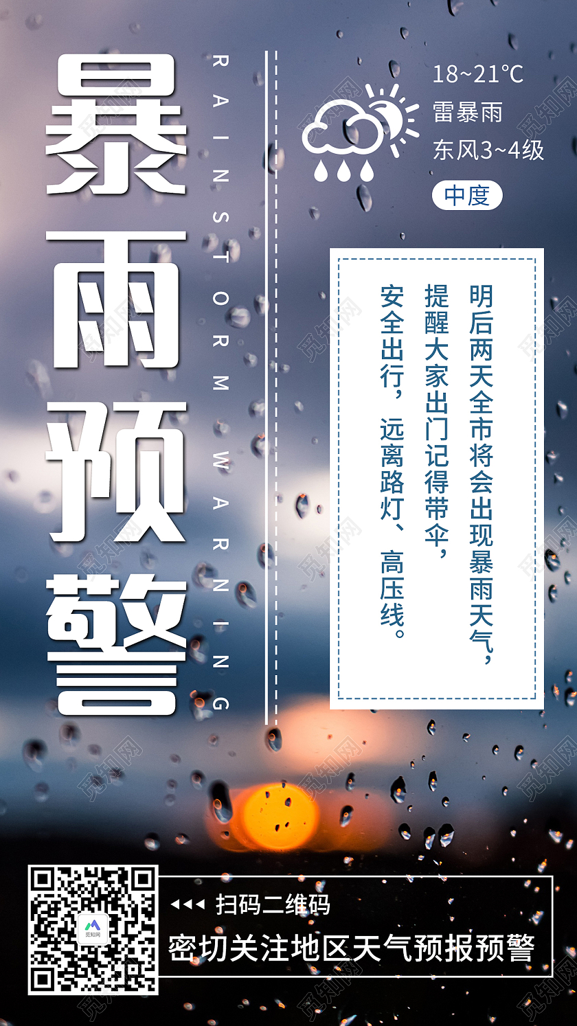 蓝色简约风暴雨预警安全出行手机海报