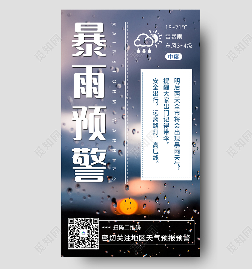 蓝色简约风暴雨预警安全出行手机海报