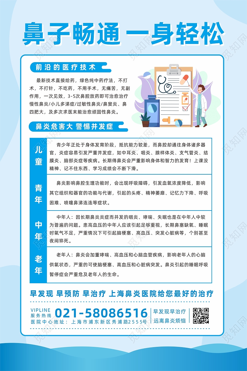 蓝色医生插画医院鼻炎知识宣传健康海报鼻炎海报