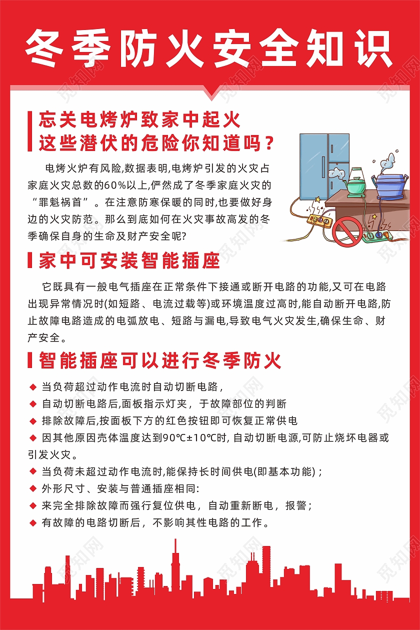 红色城市剪影冬季防火安全知识消防安全海报冬季防火海报