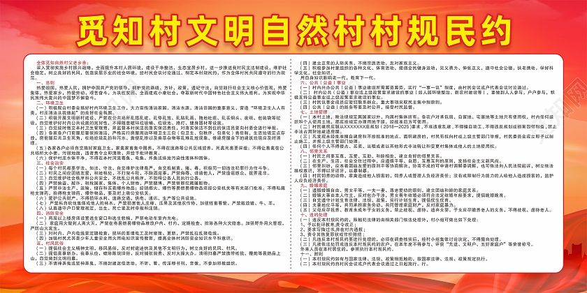 红色党建背景文明村庄乡村振兴村规民约展板