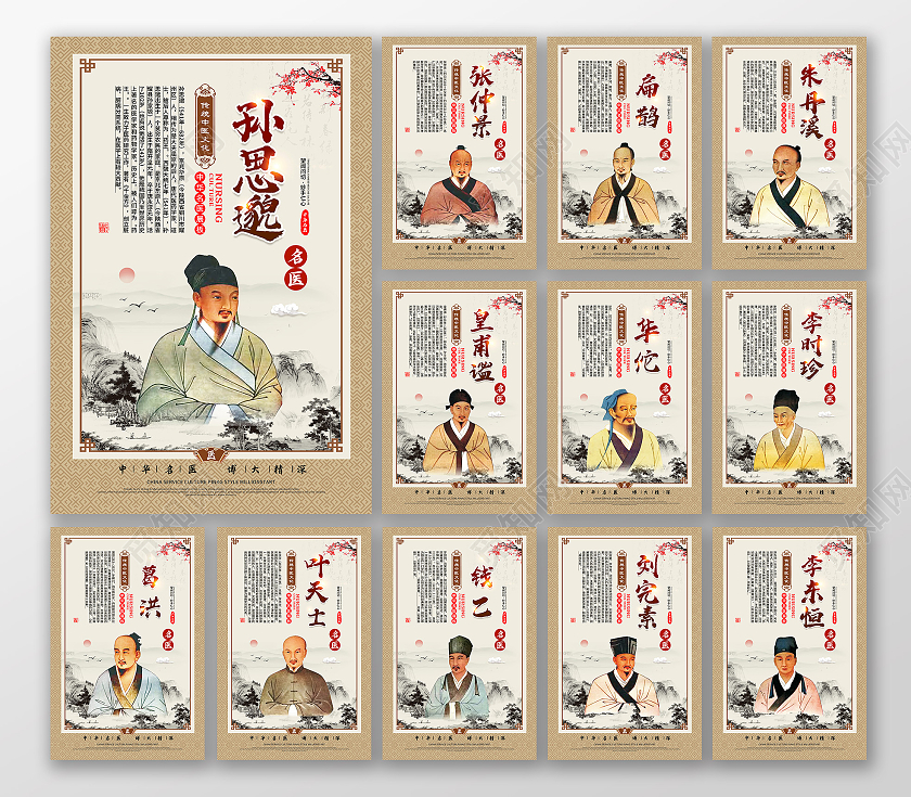 复古风华中国古代十二大名医文化海报中医套图