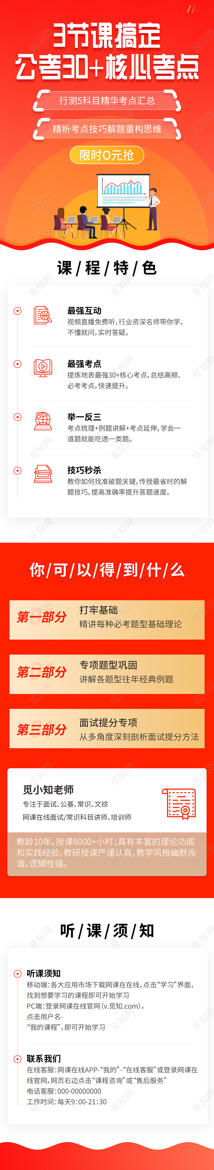 橙色简约3节课搞定公考核心考点课程UI手机长图课程长图
