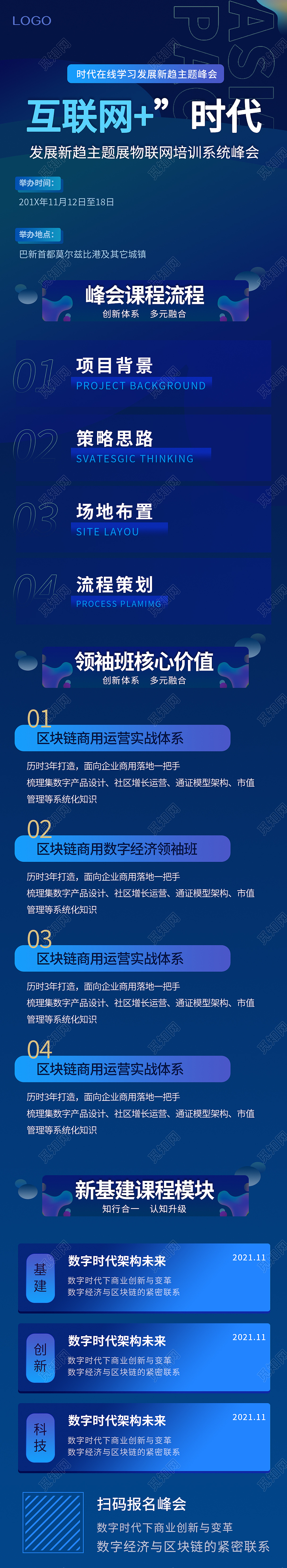 蓝色简约互联网发展新趋主题展物联网培训系统峰会手机长图H5