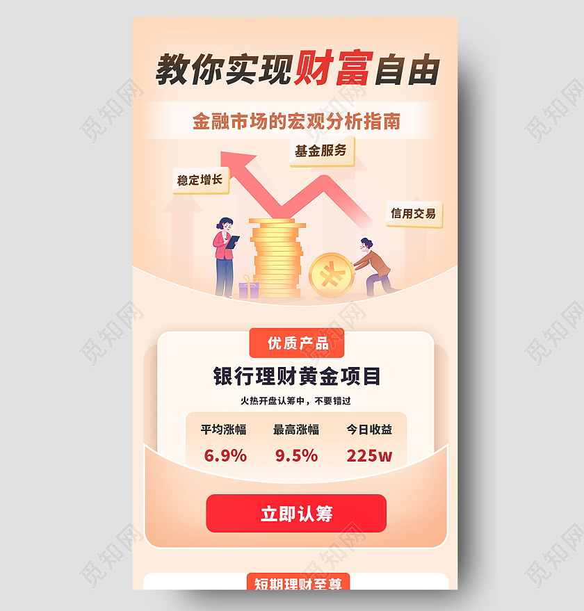 金色立体基金投资理财营销h5信息长图