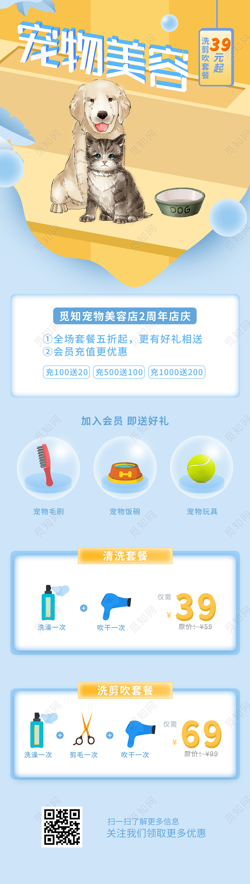 蓝色小清新宠物美容促销UI手机长图