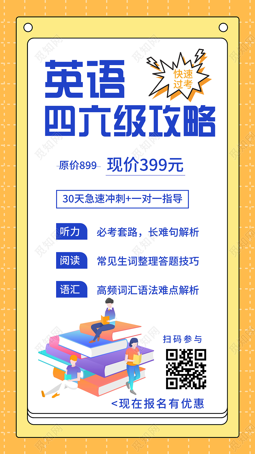 黄色扁平风英语四六级攻略促销UI手机海报四六级手机海报