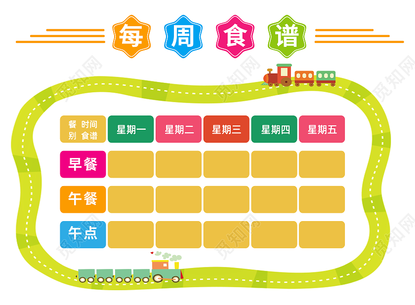 绿色卡通简约幼儿园每周食谱文化墙幼儿园食谱文化墙