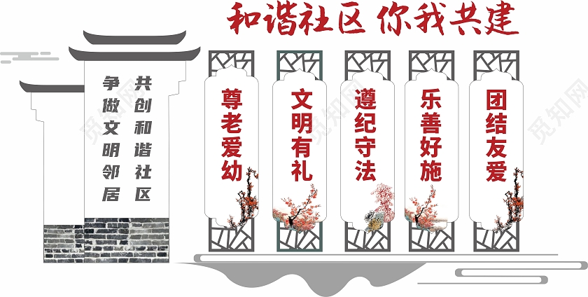 中式徽派房屋造型风格和谐邻里社区文化墙