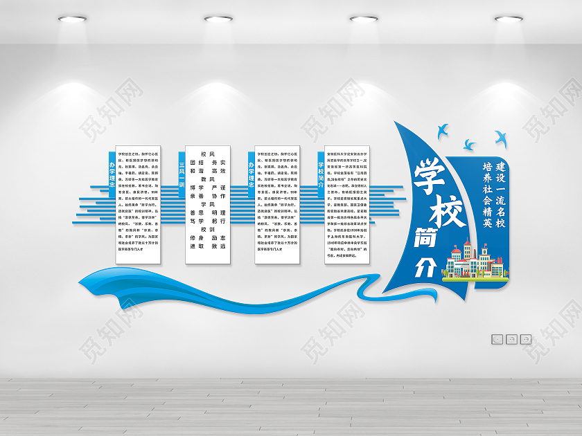 蓝色清新简约学校简介文化墙校园文化墙校园简介文化墙