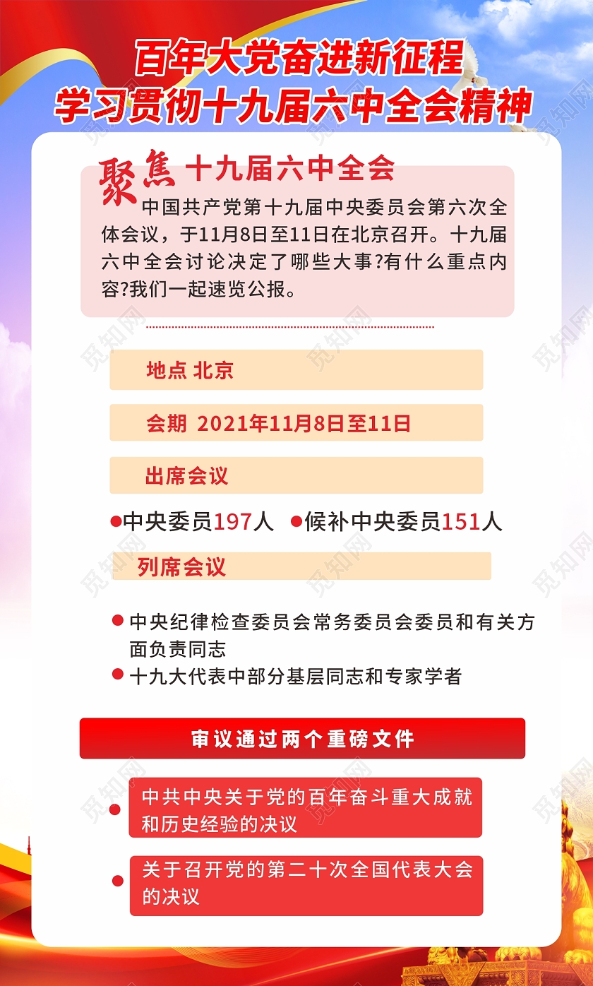 蓝色红色大气聚焦党的十九届六中全会学习十九届六中全会宣传栏