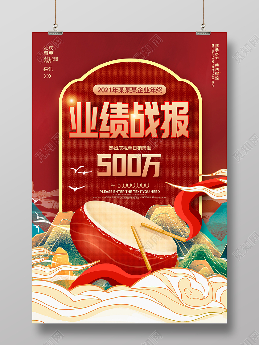 红色国潮2022业绩战报销售业绩海报设计销售战报