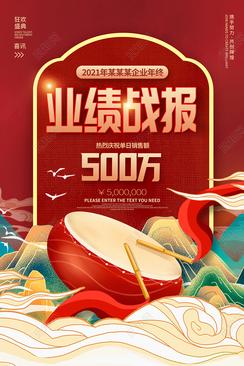 红色国潮2022业绩战报销售业绩海报设计销售战报