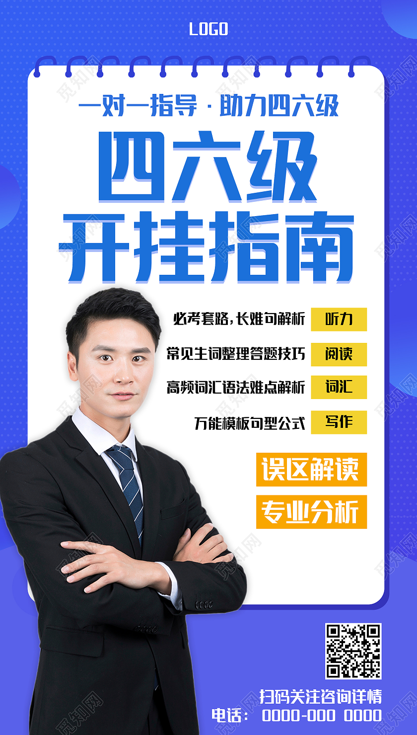 蓝色色彩大气四六级开挂指南四六级英语手机UI海报设计四六级手机海报