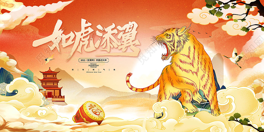 黄色国潮风如虎添翼2022虎年展板模板展板