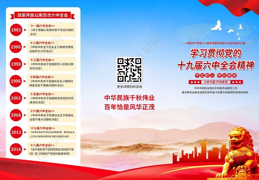 蓝色简约学习贯彻党的十九届六中全会精神十九届六中全会折页