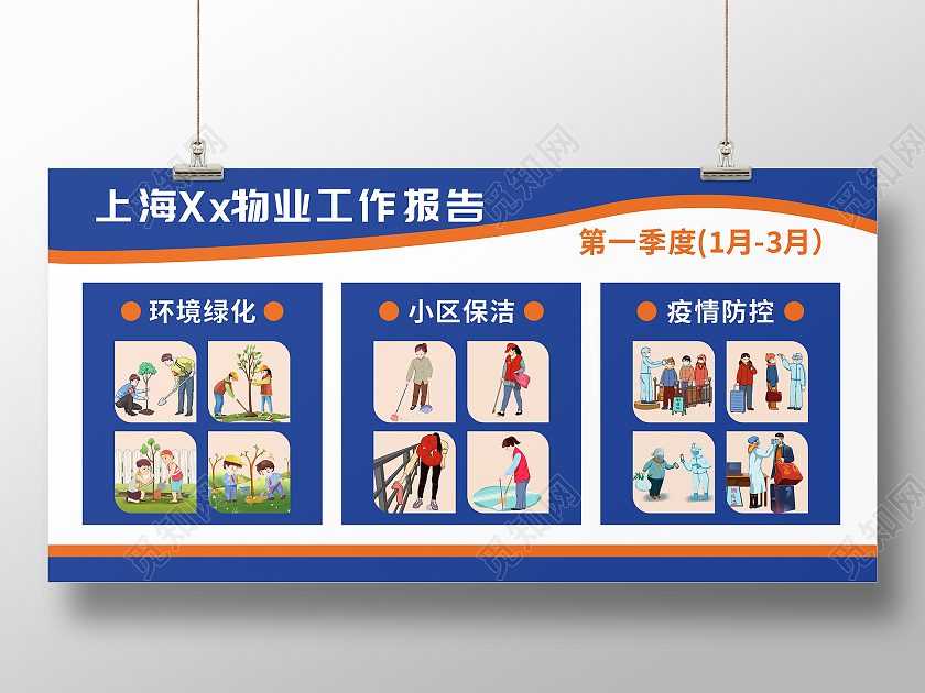 蓝橙物业工作报告公告栏风采展示保洁绿化防控疫情海报展板