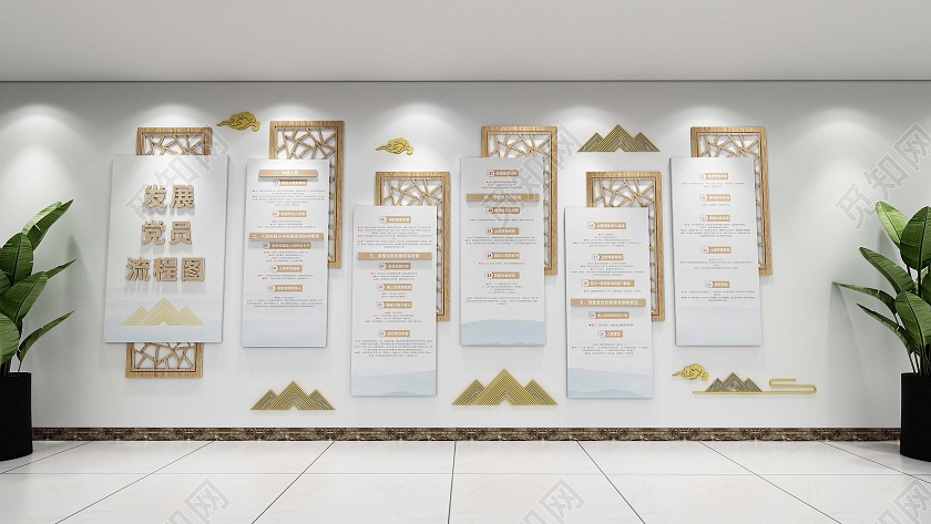 清新新中式风格党建发展党员流程图文化墙发展党员工作流程