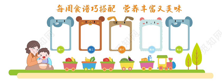 卡通绿色田园风格幼儿园食谱安排文化墙幼儿园食谱文化墙