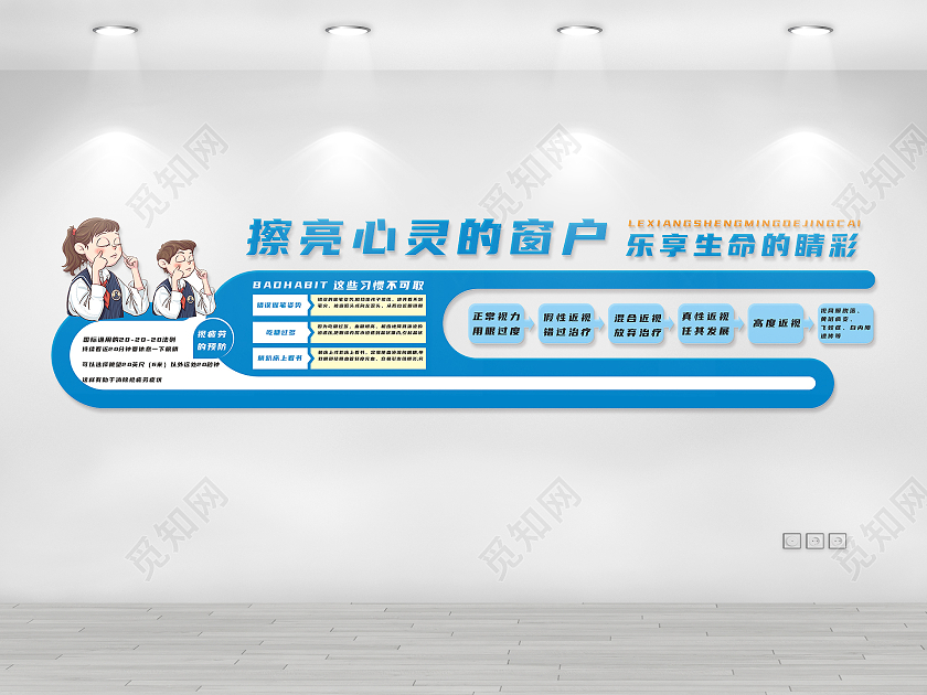 蓝色卡通简约视力文化墙校园医务室文化墙