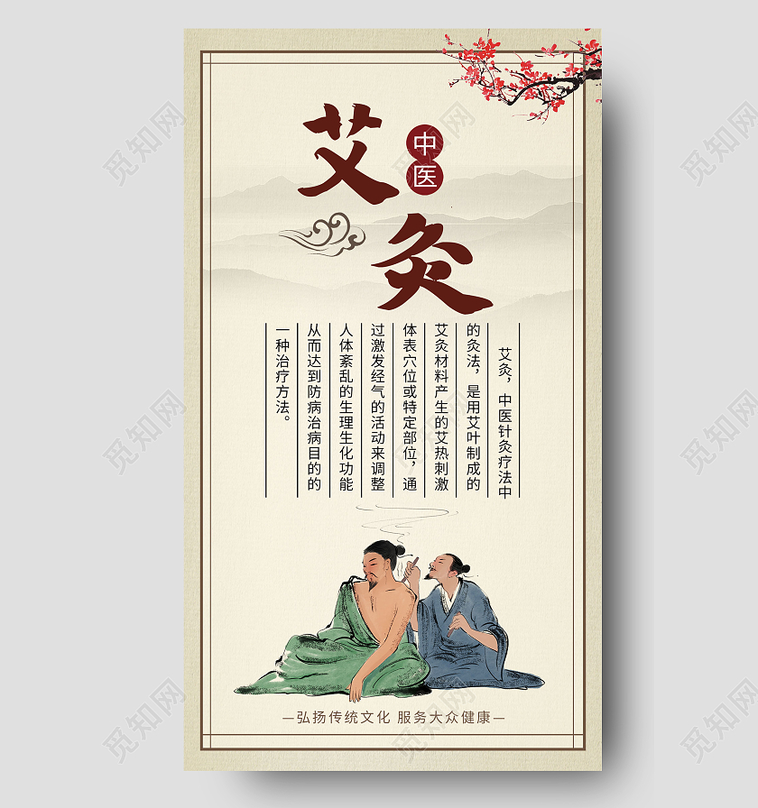 黄色简约艾灸中医养生中医手机海报