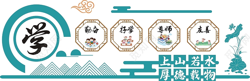 蓝色清新简约创意校园文化墙上善若水厚德载物