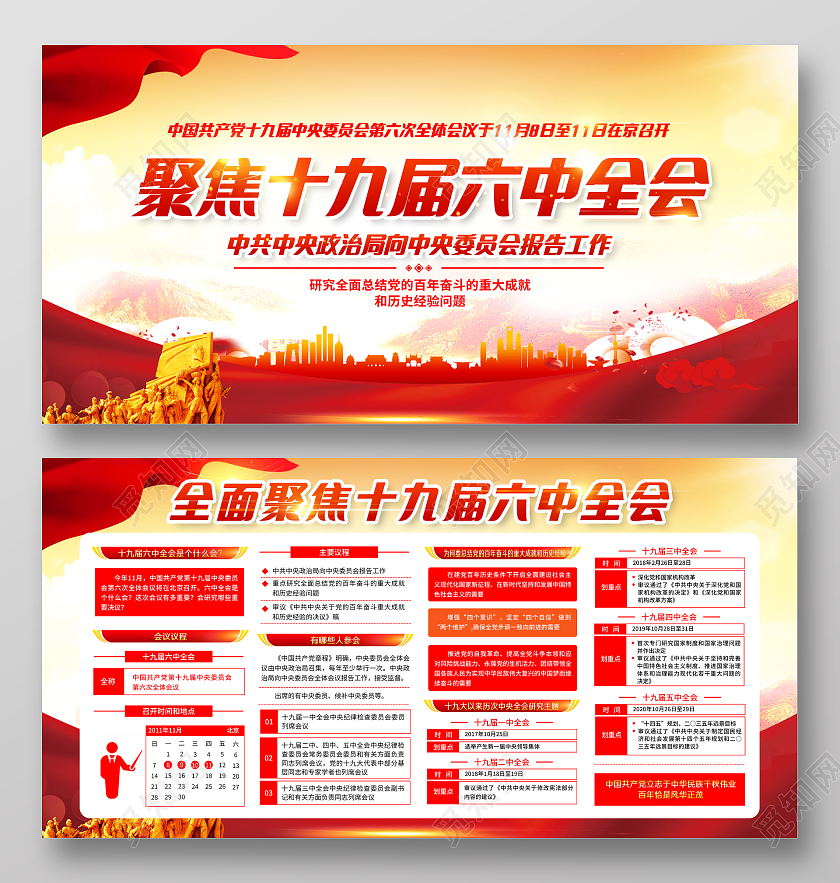 黄色风格聚焦十九届六中全会宣传栏