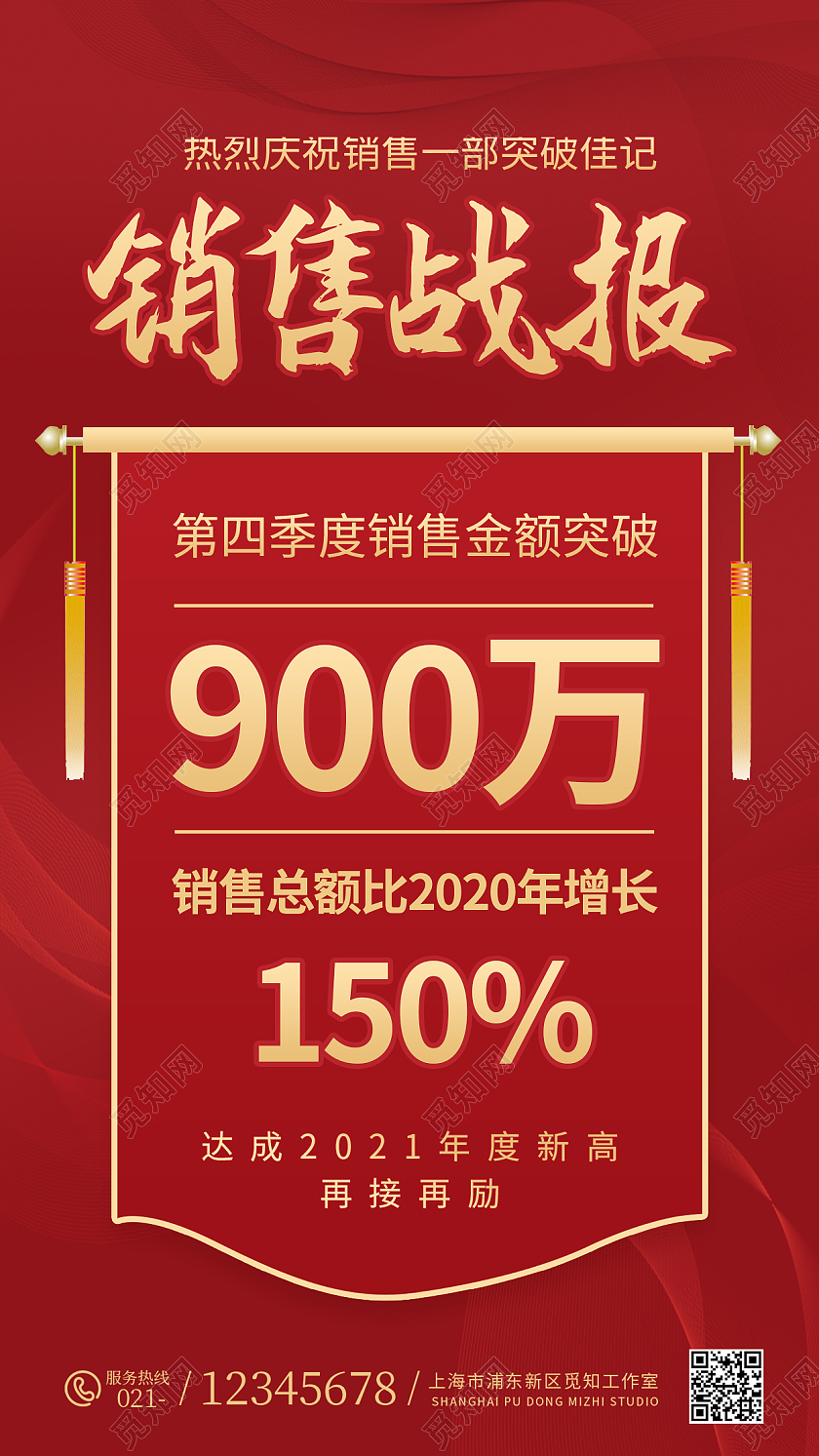 红色简约企业销售业绩销售战报ui手机海报