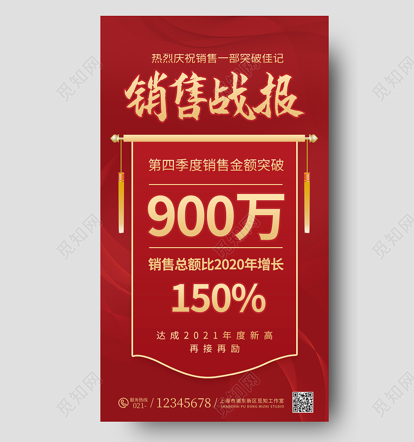 红色简约企业销售业绩销售战报ui手机海报