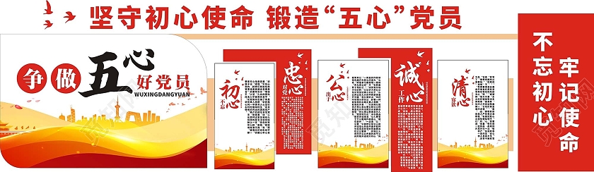 红色庄重简约五心党员文化墙党建文化为人民服务