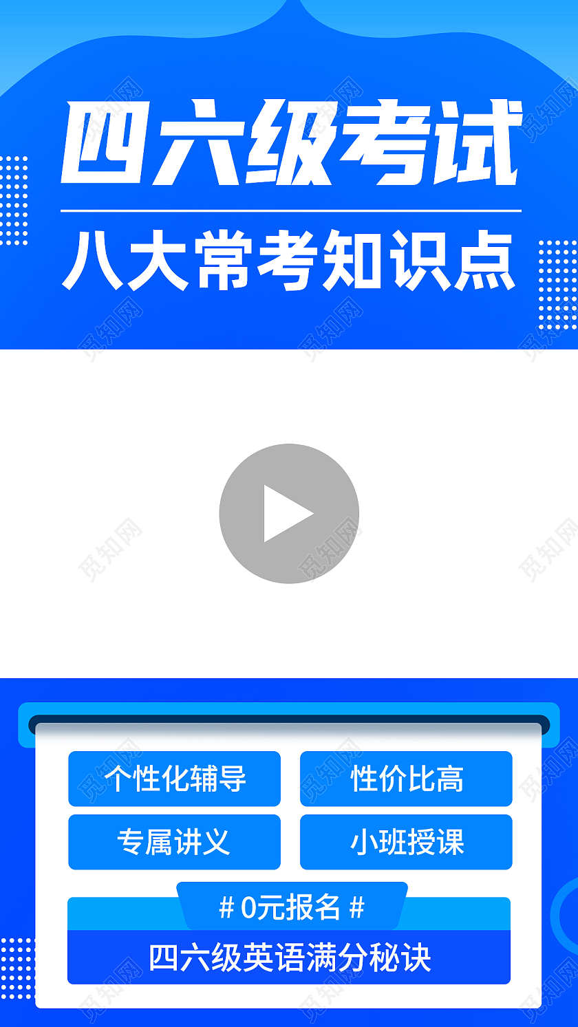 蓝色简约四六级考试八大常考知识点视频边框手机海报
