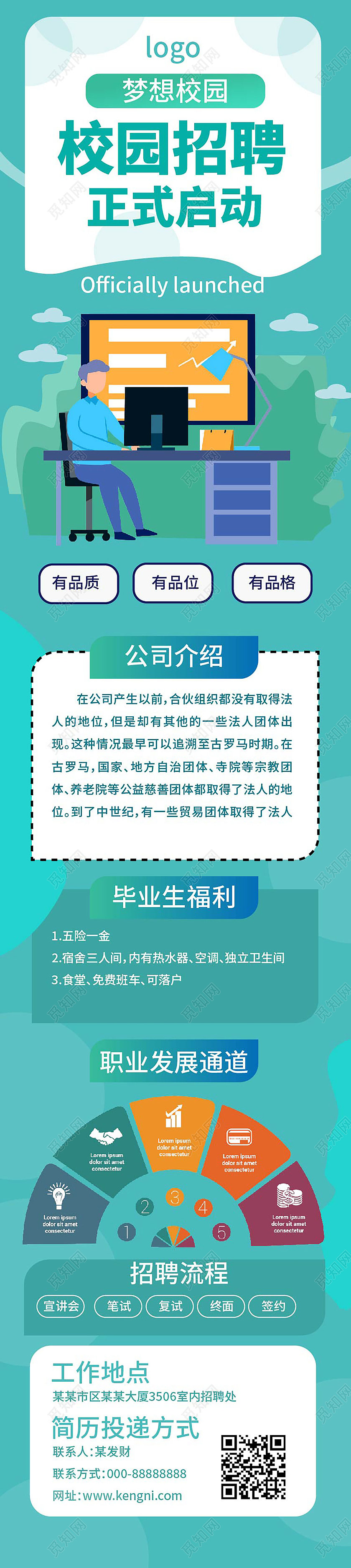 蓝色背景扁平化风格创意校园招聘正式启动手机长图设计校园招聘长图