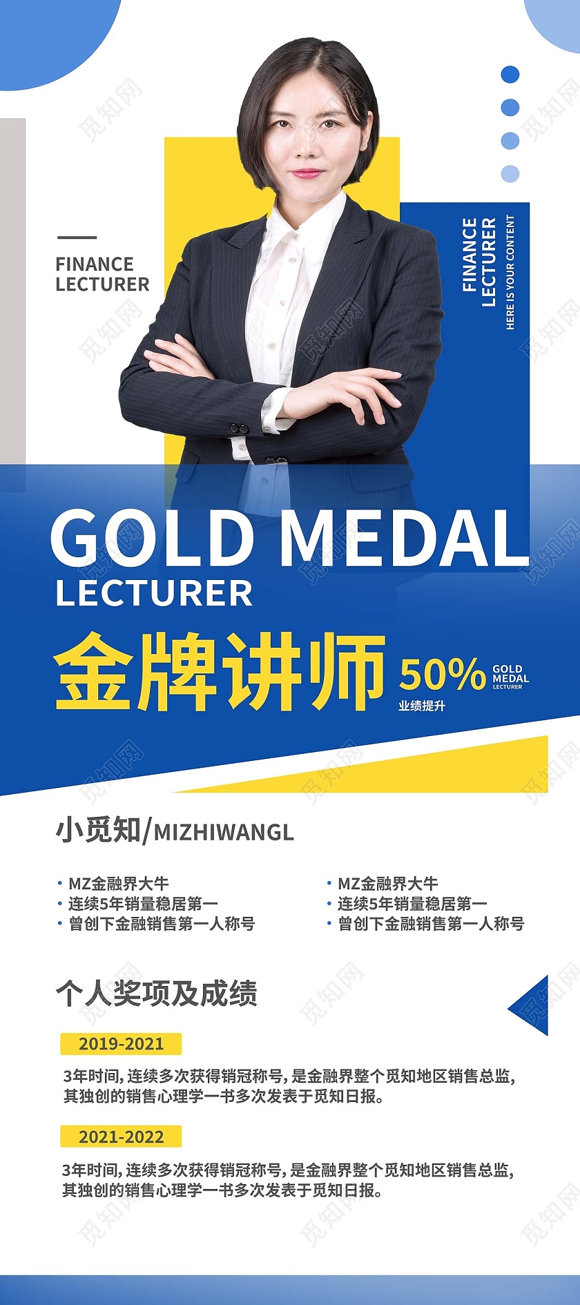 蓝色简约金牌讲师人物介绍金融蓝黄简约展架