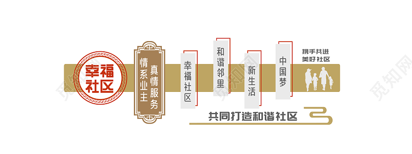 浅棕色简约风共同打造和谐社区文化墙幸福社区文化墙