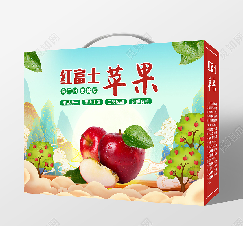 红色国潮风格水果包装红富士苹果苹果包装