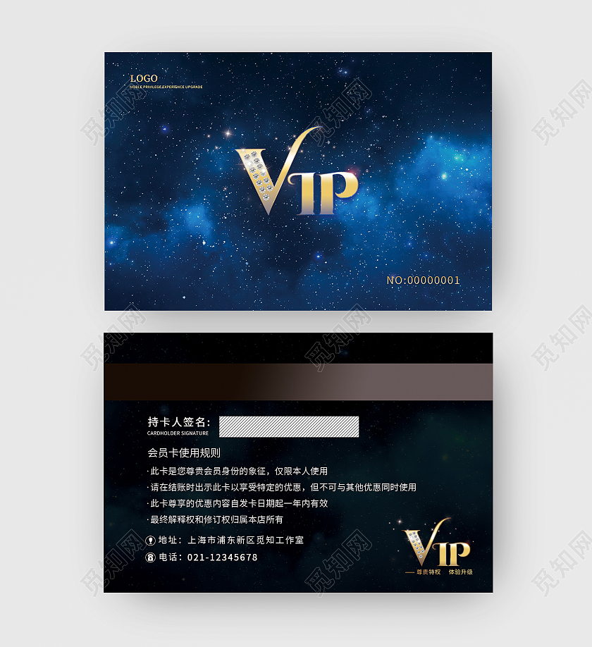 蓝色星空质感高端VIP会员卡横版2张