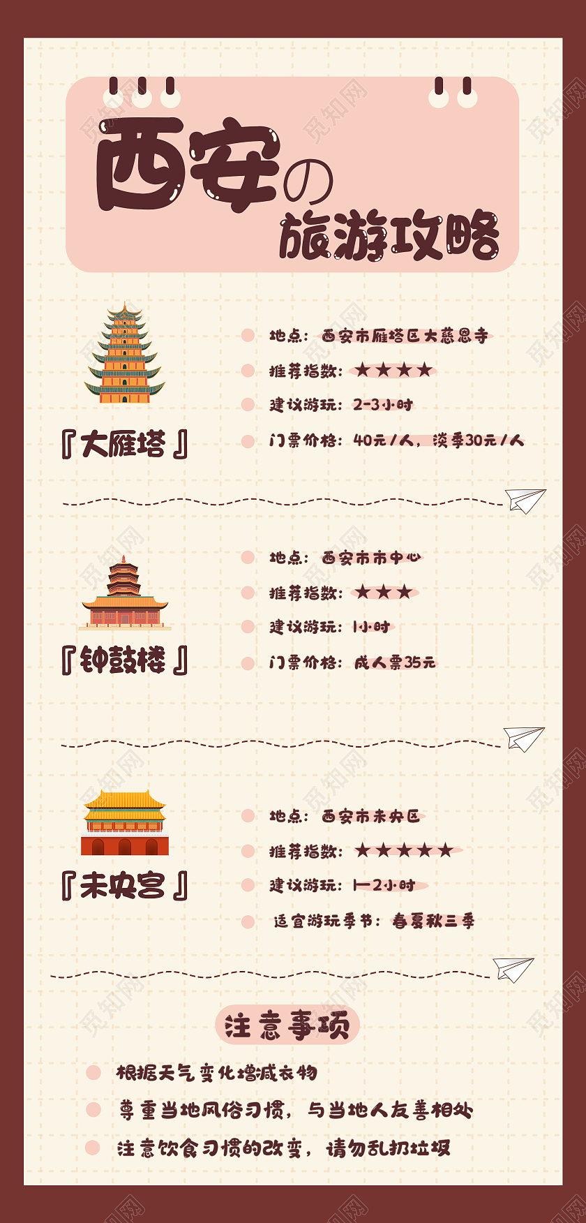 棕色简约西安的旅游攻略UI手机长图旅游攻略手机海报