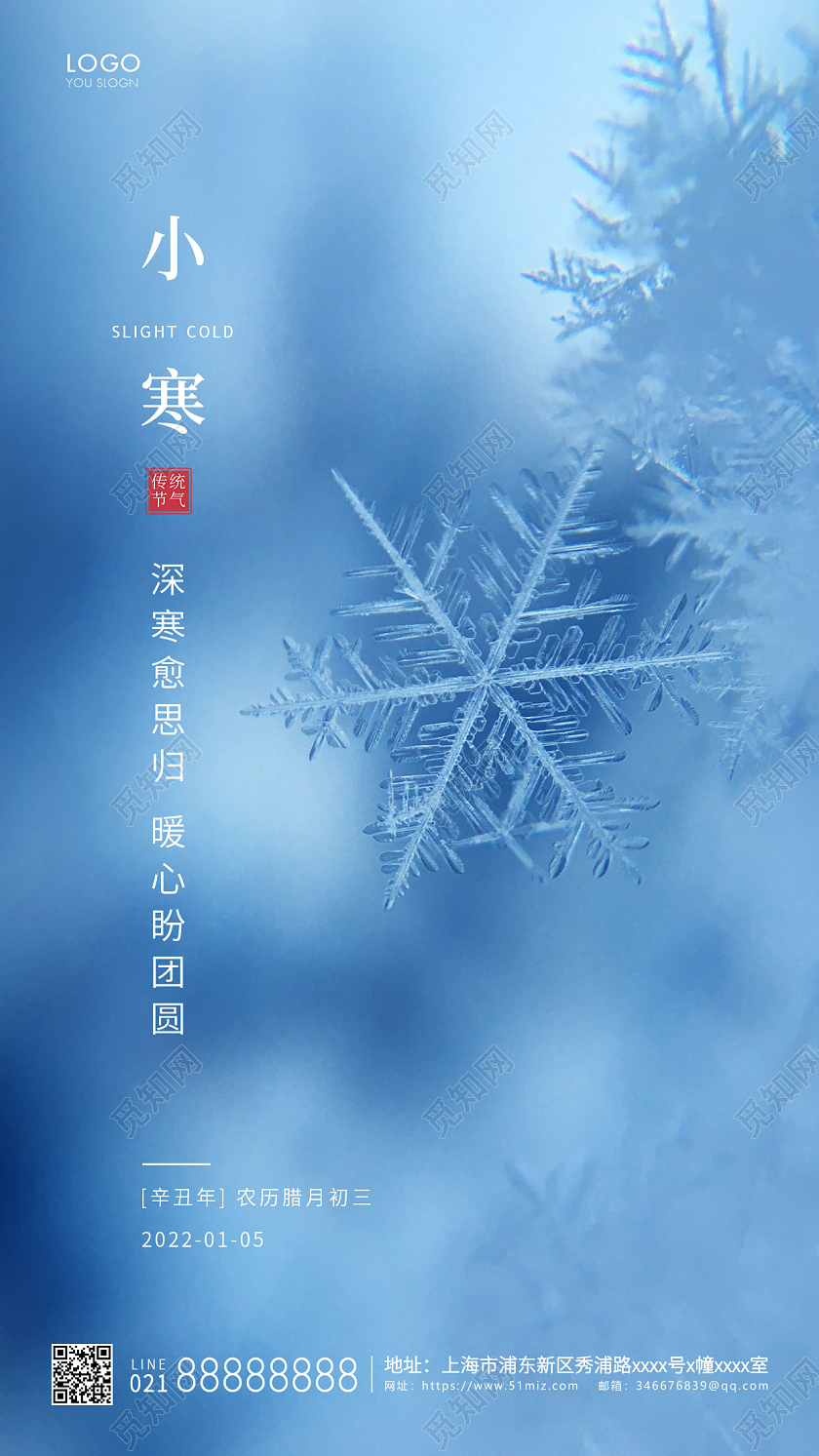 蓝色简约二十四节气小寒海报小寒ui手机海报