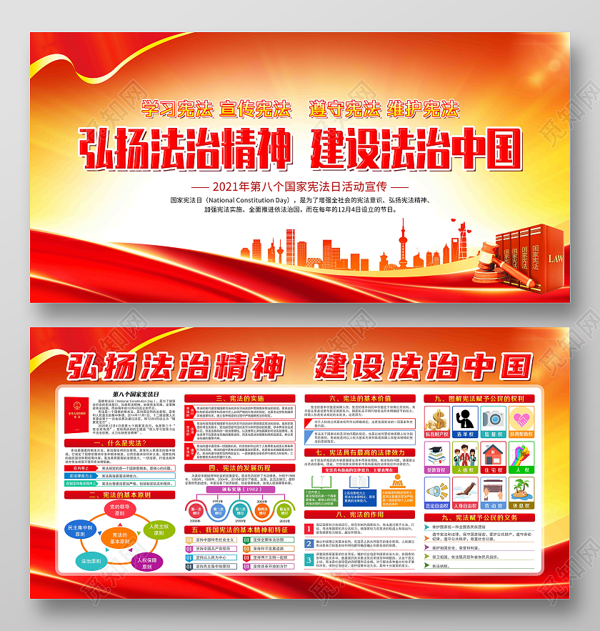 红色简约弘扬法治精神建设法治中国宪法日宣传展板国家宪法日宣传栏