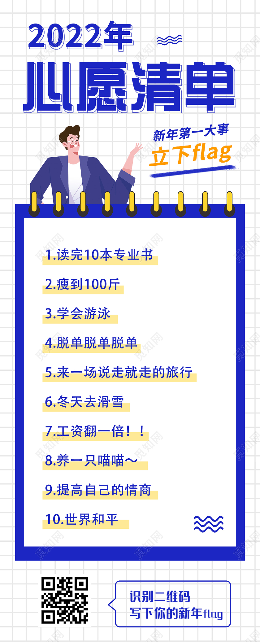 白色简约2022年心愿清单UI手机长图创意扁平插画2020年心愿清单H5