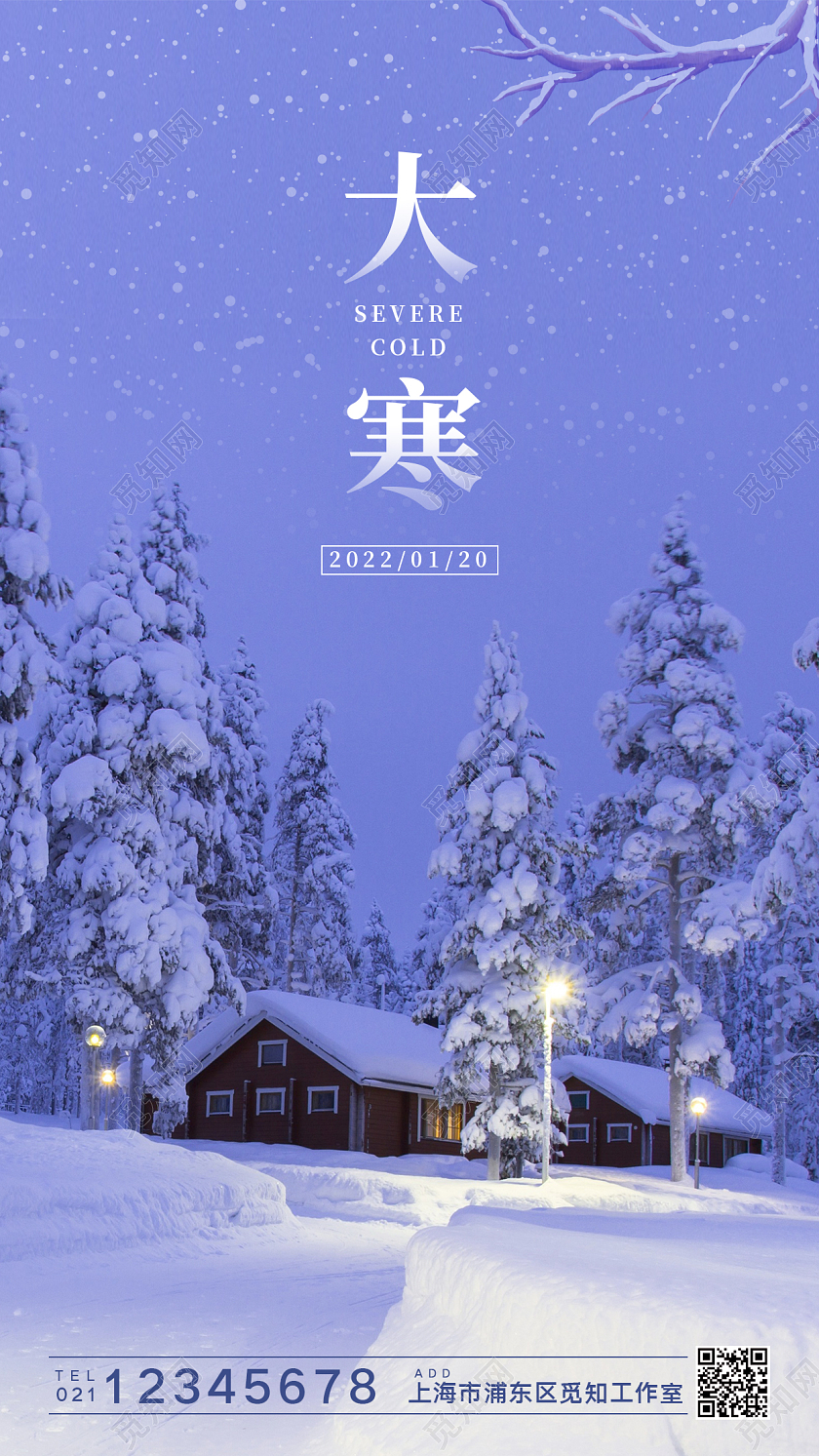 蓝色简约创意大气实景照片大寒二十四节气大寒手机海报大寒海报