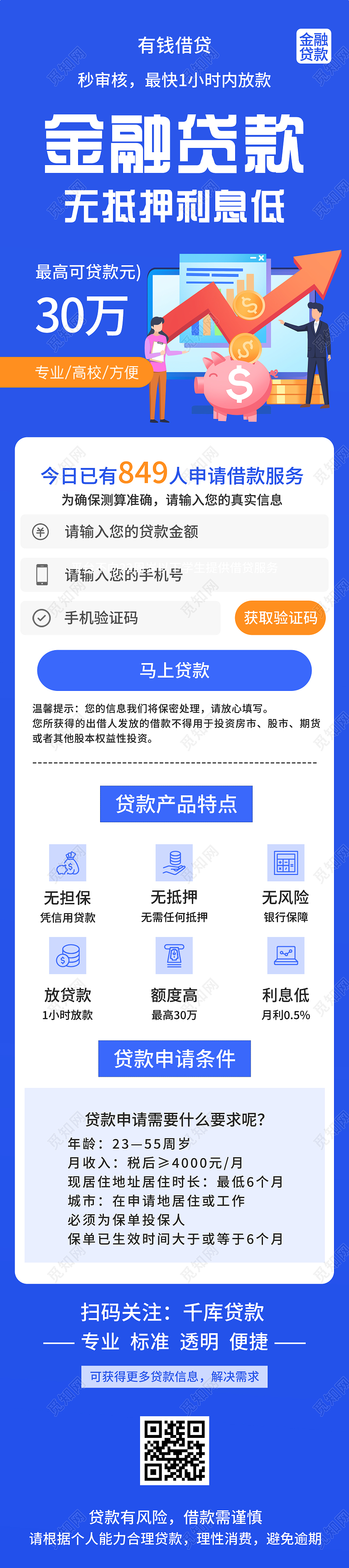 蓝色插画金融贷款活动UI手机长图蓝色系金融借贷活动详情H5