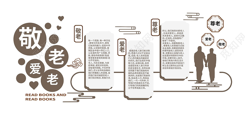 褐色背景创意中国风敬老爱老社区养老文化墙设计