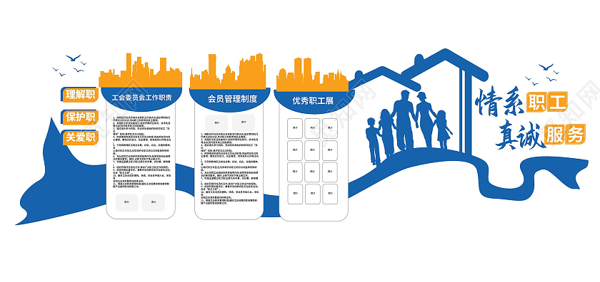 蓝色创意简洁情系职工真诚服务工会宣传文化墙工会职工之家文化墙