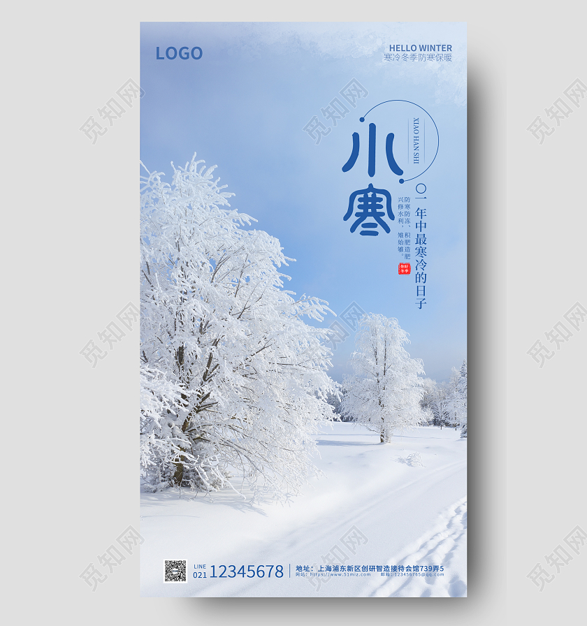 蓝色简约实拍大气简洁小寒时节手机海报