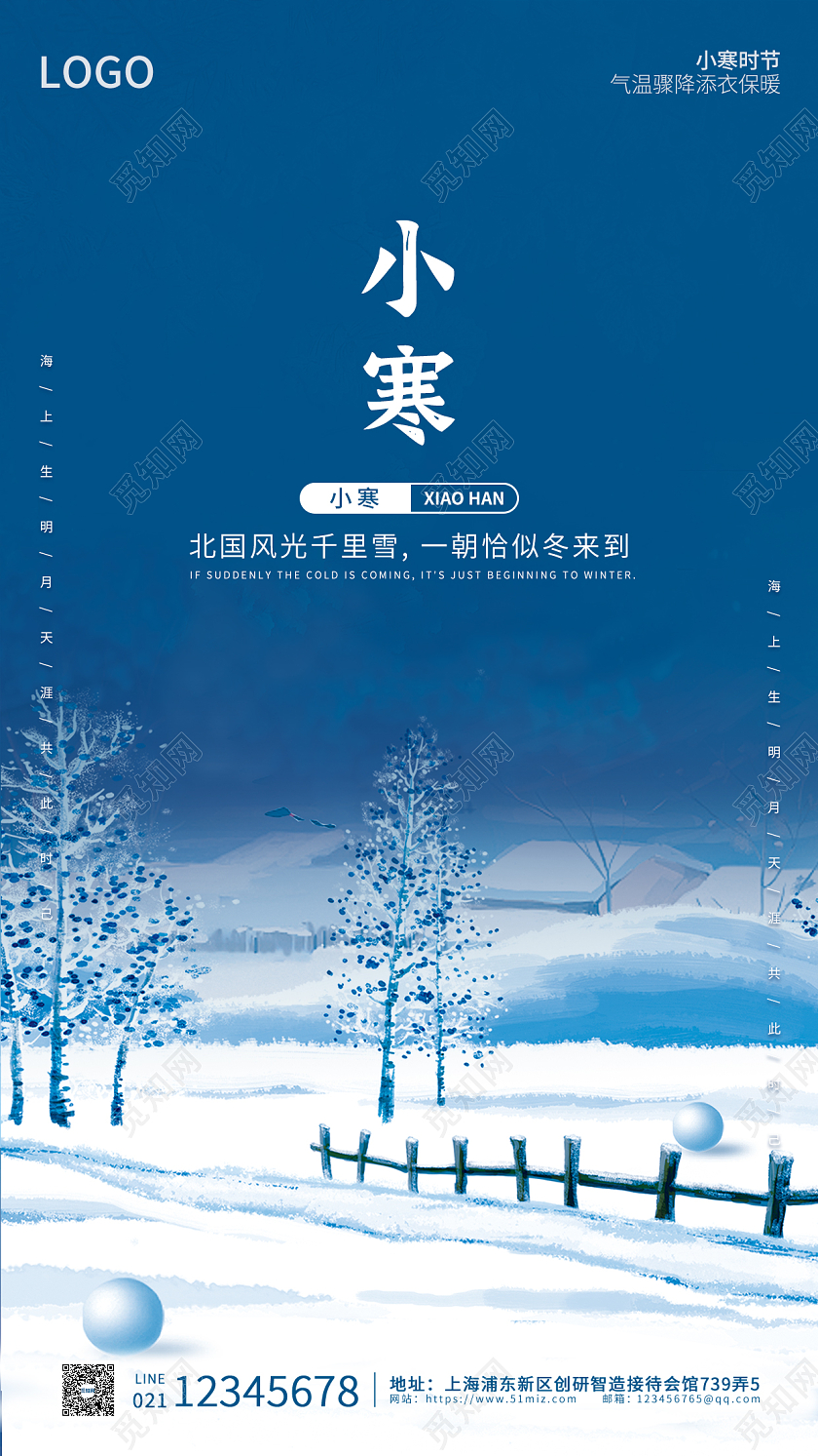 蓝色插画卡通简约大气小寒手机海报