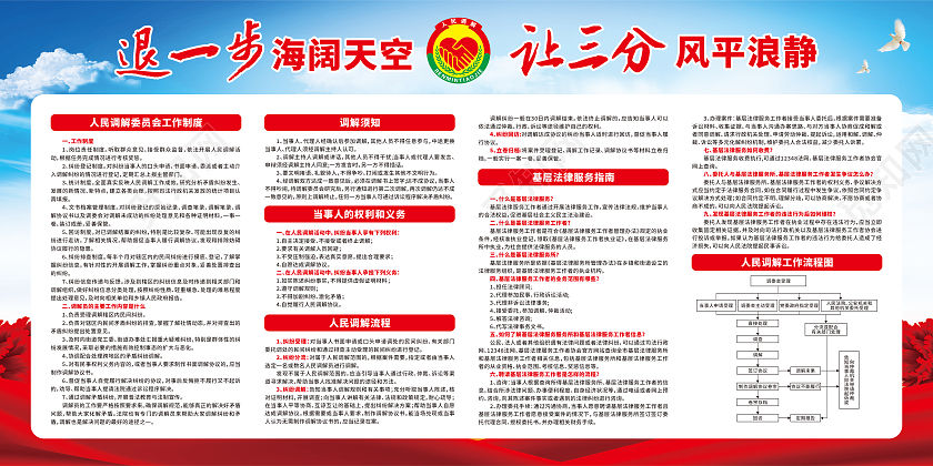 红色人民调解退一步海阔天空让三分风平浪静宣传栏依法调解宣传栏